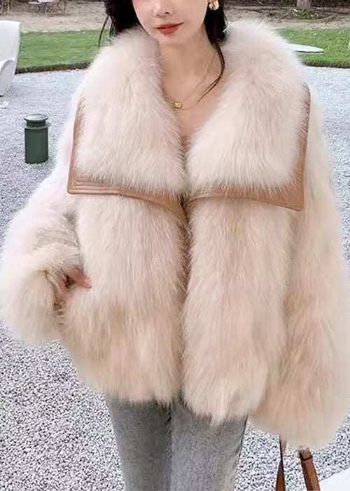 Beige Peter Pan Collar Button Leather and Fur Coats Spring
