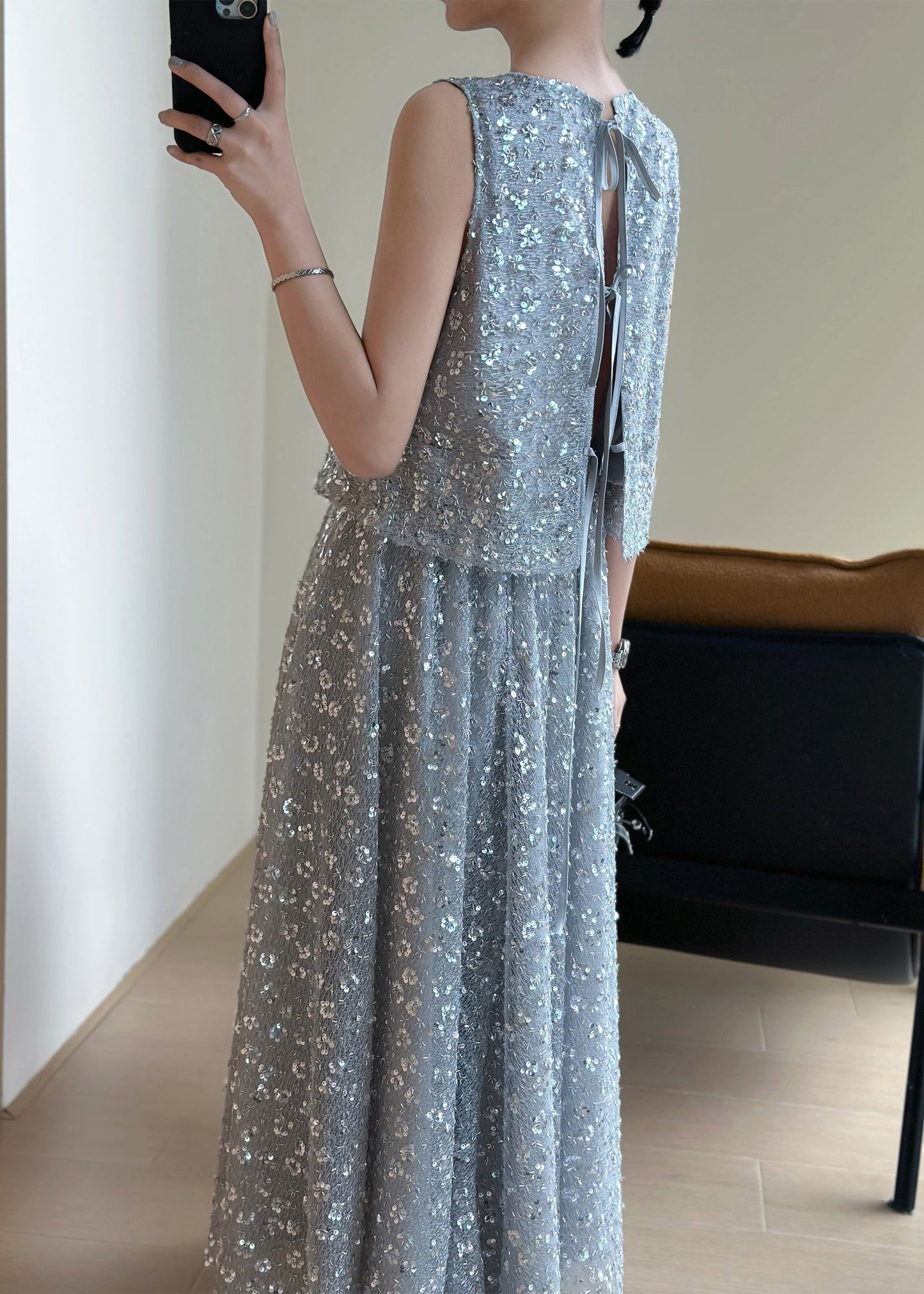 New Grey Lace Up Sequins Tops and Skirts Two Pieces Set Sleeveless
