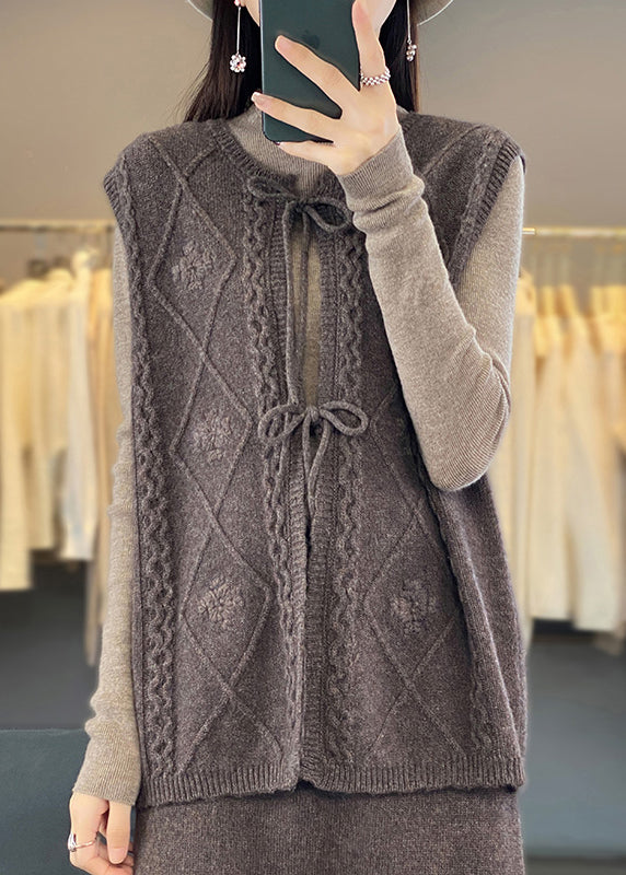 French Chocolate O-neck Lace Up Patchwork Knit Waistcoat Sleeveless