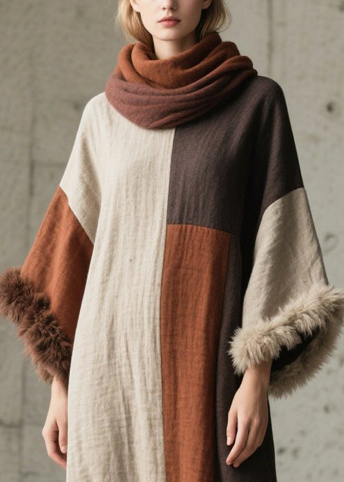 Mixed Color Oversized Patchwork Faux Fur Ankle Dress Flare Sleeve