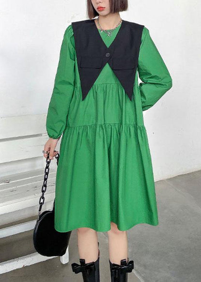 Green O-neck Button Zippered Fall Dress Long Sleeve