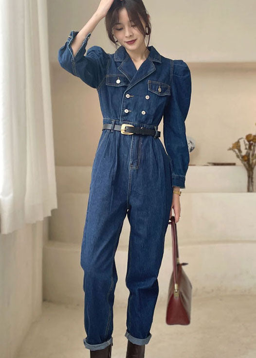 Dark Blue Puff Sleeve Denim Jumpsuit Spring