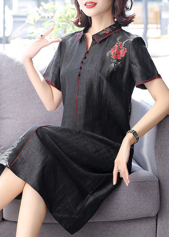 Black Peter Pan Collar Embroideried Silk Dress Summer