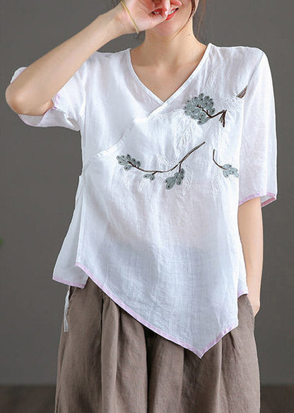 Fine White V Neck Embroideried Linen Top Short Sleeve