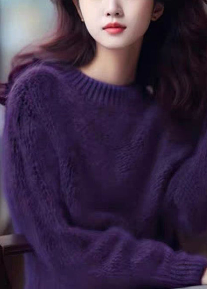 Simple Purple Cozy Cotton Knit Top Long Sleeve