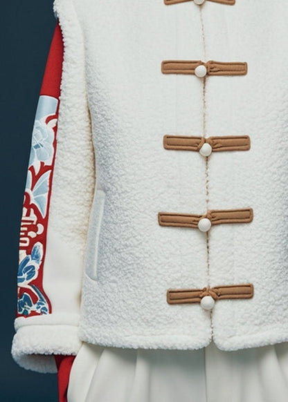White Button Print Teddy Faux Fur Coat Winter