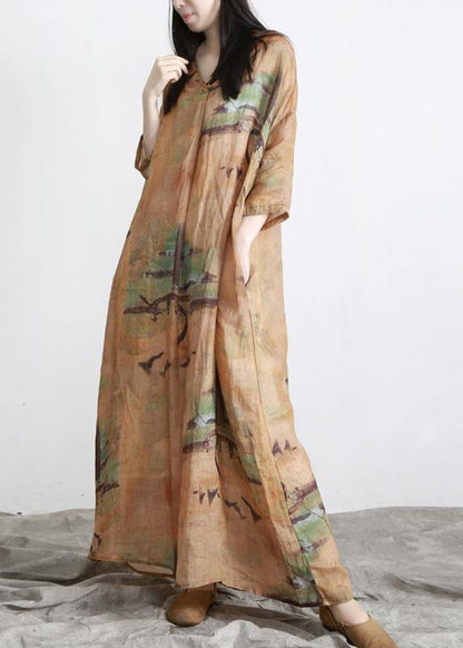 Diy Yellow Print Linen Oversize Summer Long Dress