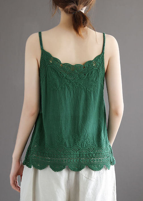 Green Cotton Spaghetti Strap Tops Hollow Out Summer