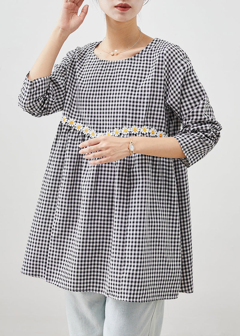 Grey Plaid Cotton Blouse a Line Tops Daisy Fall