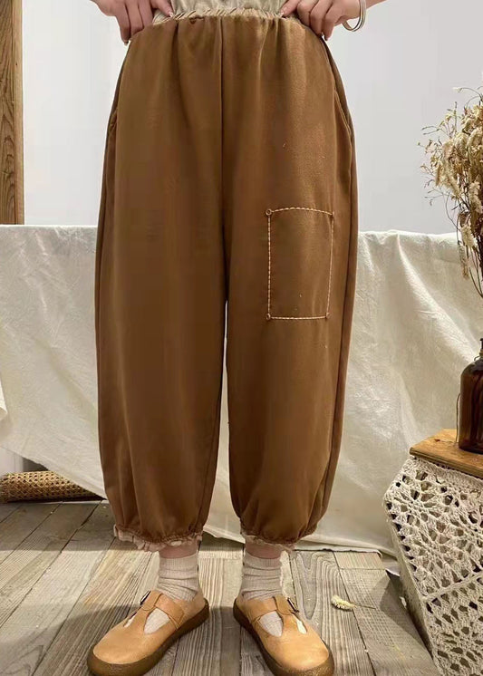 Modern Chocolate Pockets Patchwork Cotton Pants Spring