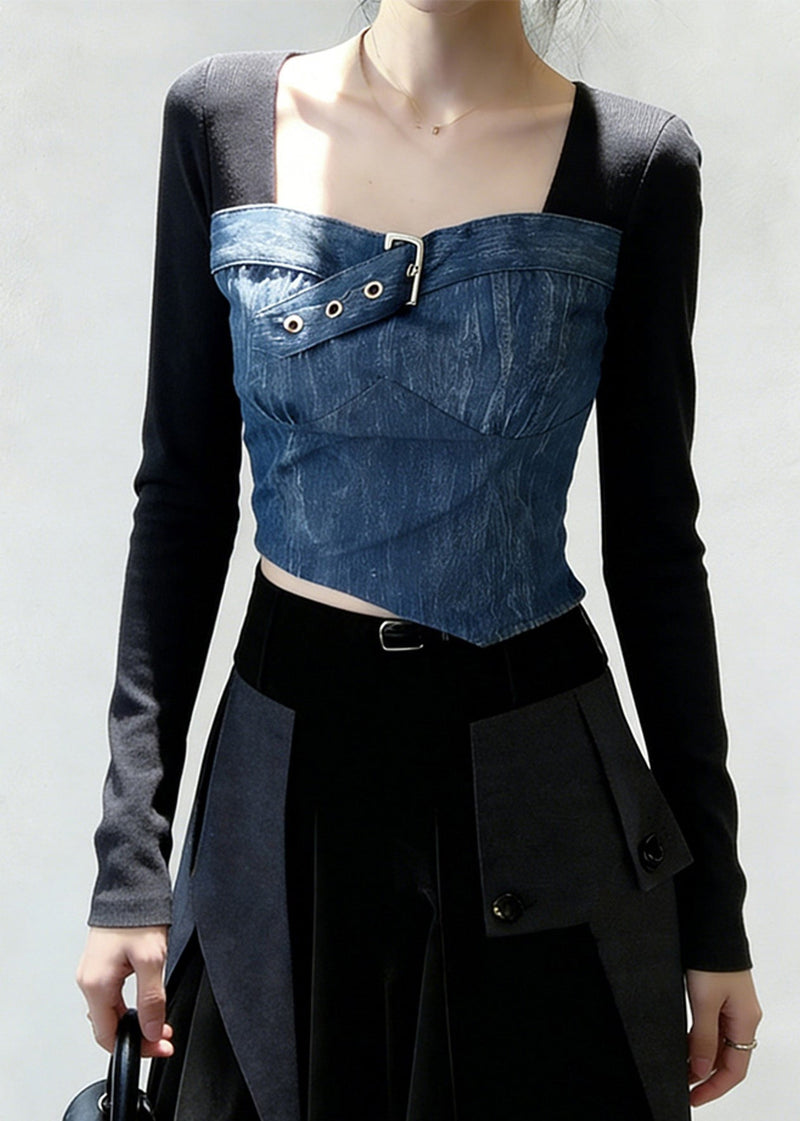 Black Square Collar Patchwork Denim Shirt Tops Spring