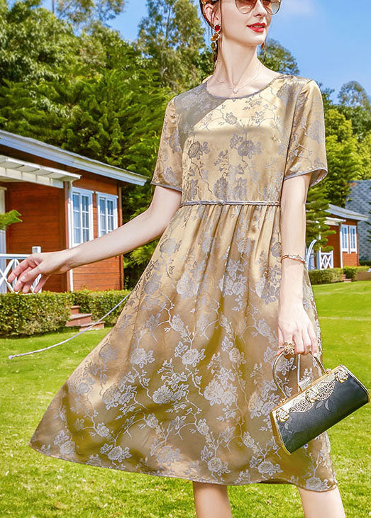 Grey Purple O-neck Jacquard Silk Fitted Dresses Short Sleeve