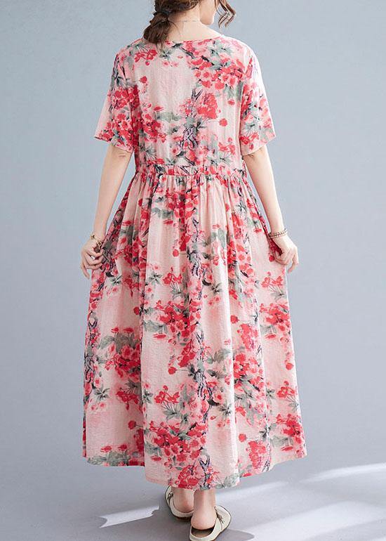 Pink Loose V Necktie Waist Summer Short Sleeve Dresses