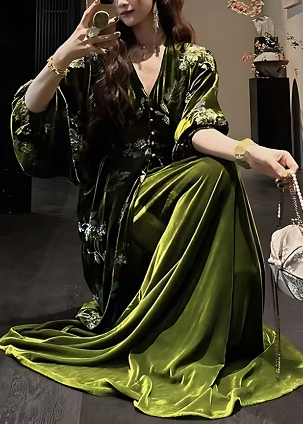 Green V Neck Silk Velvet Coats and Maxi Dress Two Pieces Set Lantern Sleeve