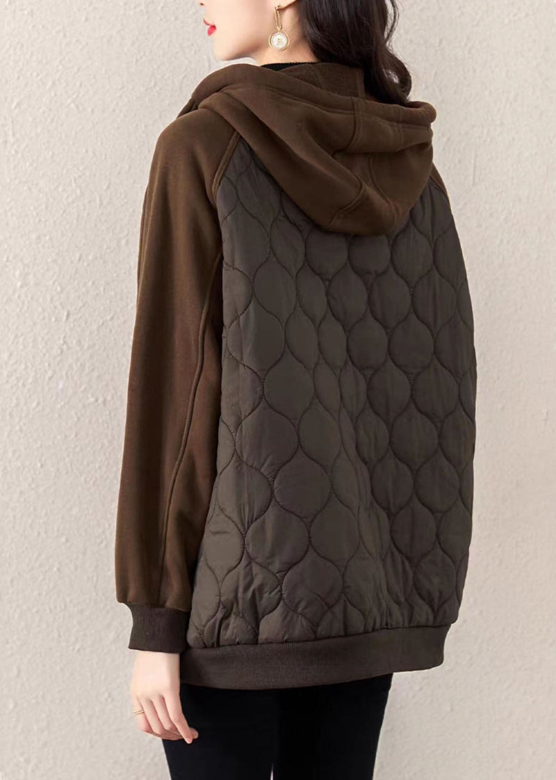Chocolate Hooded Drawstring Patchwork Fine Cotton Filled Witner Coat