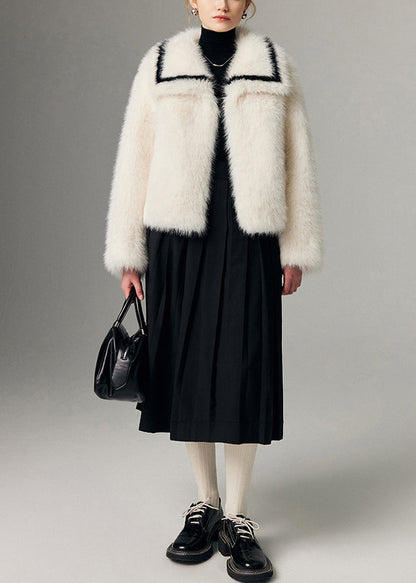 Natural White Peter Pan Collar Thick Faux Fox Fur Loose Coats Winter