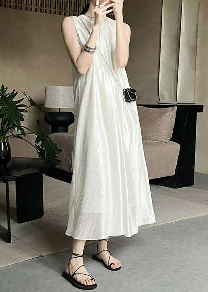 French Beige O Neck Silk Long Dresses Sleeveless