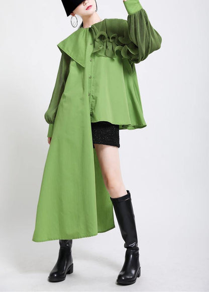 Natural Green Lantern Sleeve Button Chiffon Top