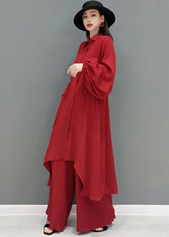 Red Loose Cotton Long Shirt and Straight Pants Two Pieces Set Tie Waist Spring