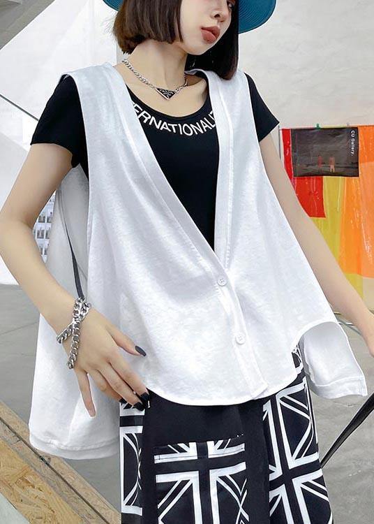 White Button Low High Design Sleeveless Vest Summer
