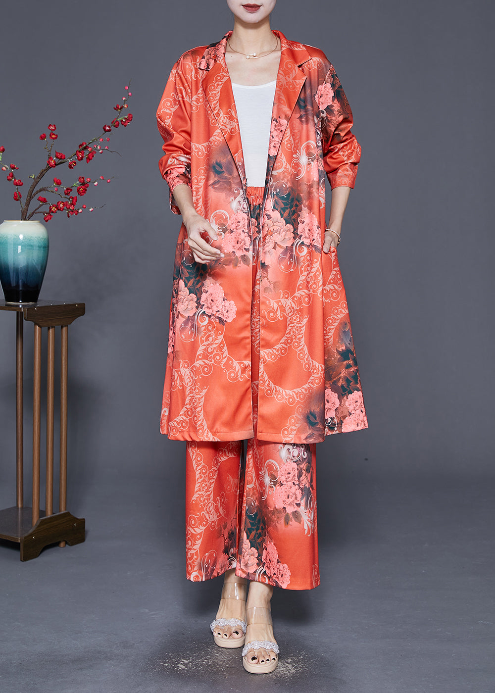 Diy Orange Lapel Print Silk Two Pieces Set Fall