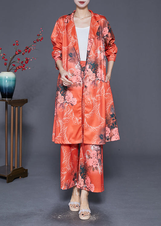 Diy Orange Lapel Print Silk Two Pieces Set Fall