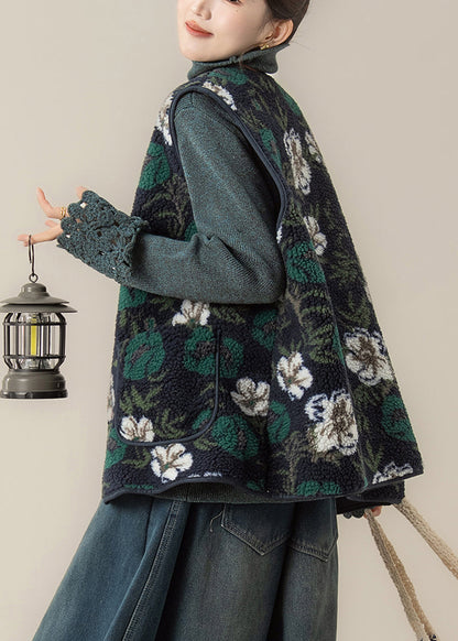 Style Green Print Faux Fur Waistcoat and Top Two Pieces Set Winter