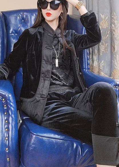 Loose Black Chinese Button Patchwork Velour Two-piece Set Fall