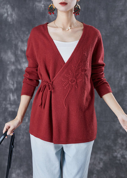 Italian Mulberry Embroideried Tie Waist Wool Knit Cardigan Winter
