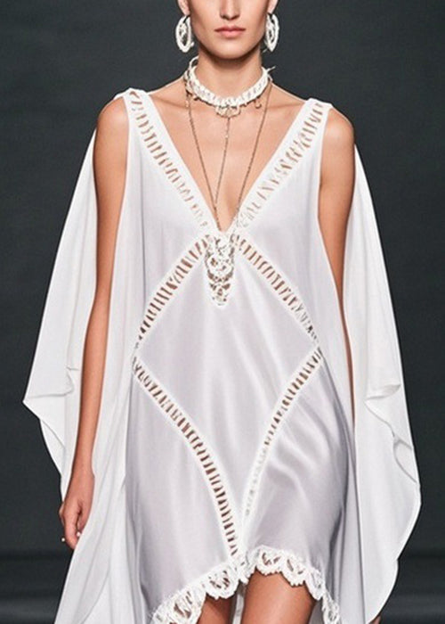 White V Neck Hollow Out Low High Design Chiffon Dresses Summer
