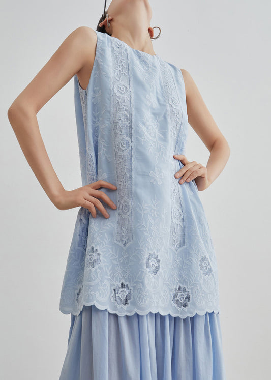 Blue Embroidered Hollow Out Fake Two Pieces Long Dresses Sleeveless