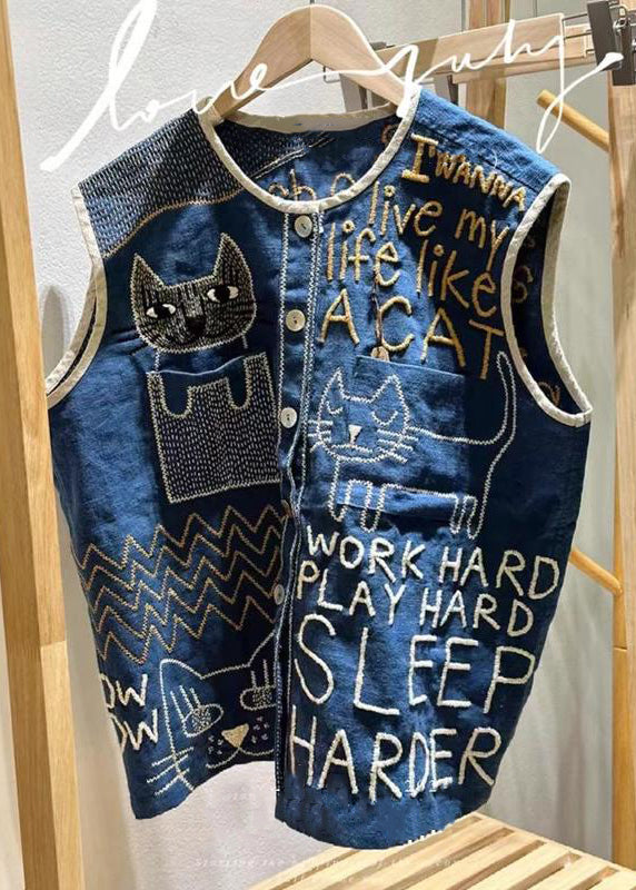 Navy Embroideried Linen Beach Vest Sleeveless