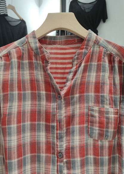 Classy Red Plaid Cotton Shirt Top Summer