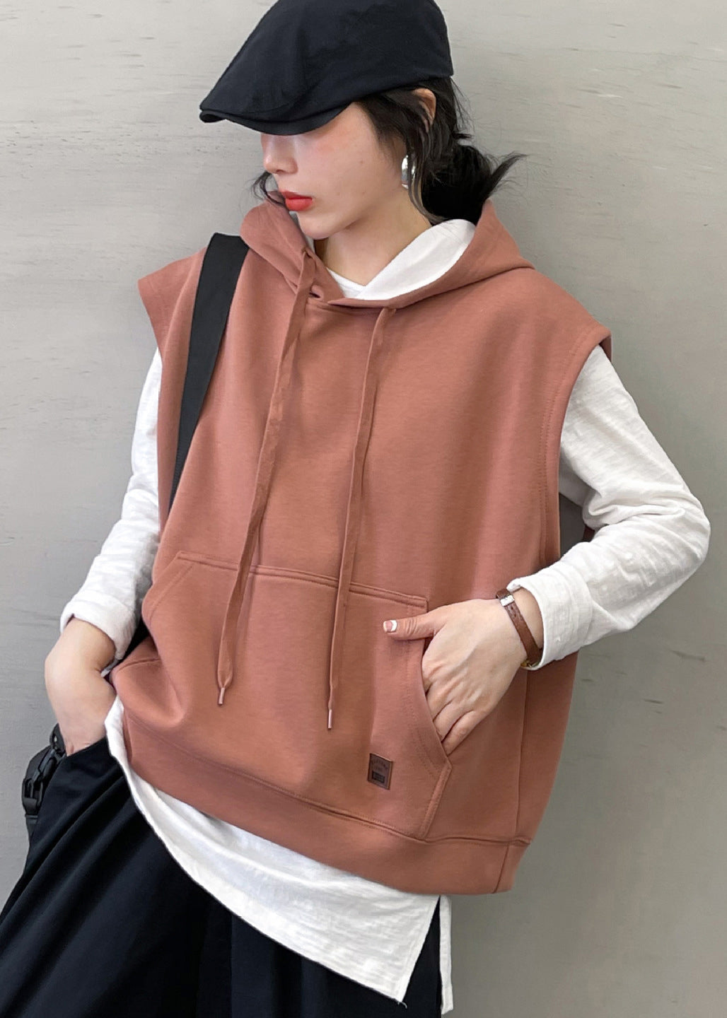Boutique Dark Pink Hooded Cotton Sweatshirts Vest Sleeveless