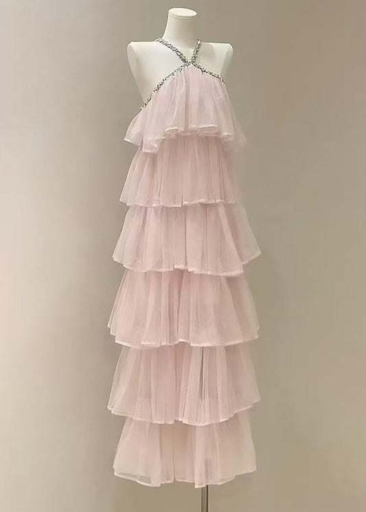 Pink Zircon High Waist Tulle Long Dress Sleeveless