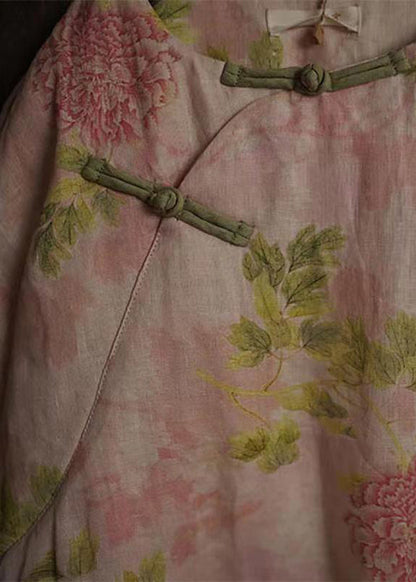 Pink Peony O-neck Print Fine Cotton Filled Winter Coats Long Sleeve