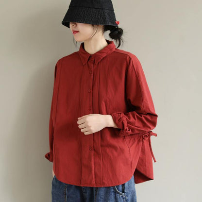 Unique Orange Red Tunic Top Lapel Button Down Spring Blouse