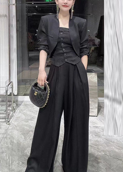 Green V Neck Coats Tube Top and Wide Leg Pants Three Pieces Set Long Sleeve