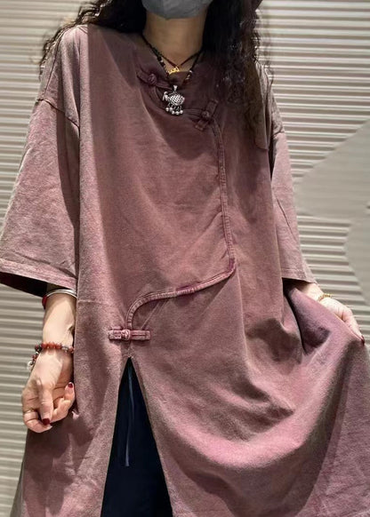Coffee Asymmetrical Chinese Button T Shirts Summer