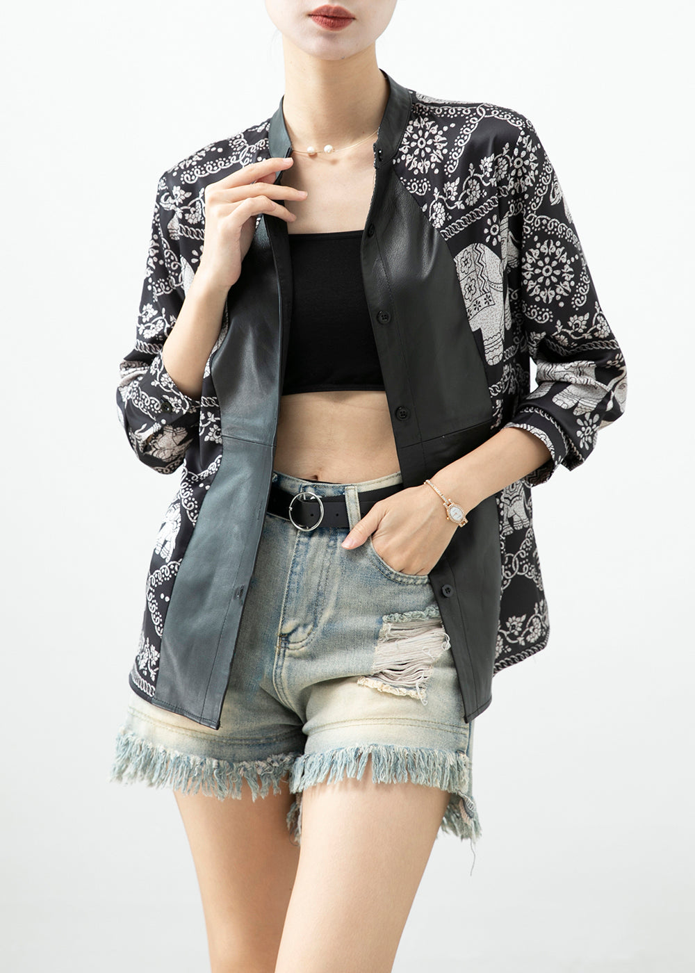 Black Elephant Print Patchwork Blouse Tops Fall