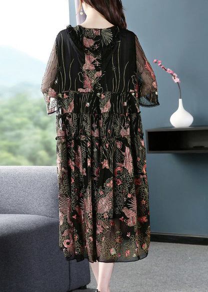 Black Hooded Embroideried Silk a Line Dress Summer