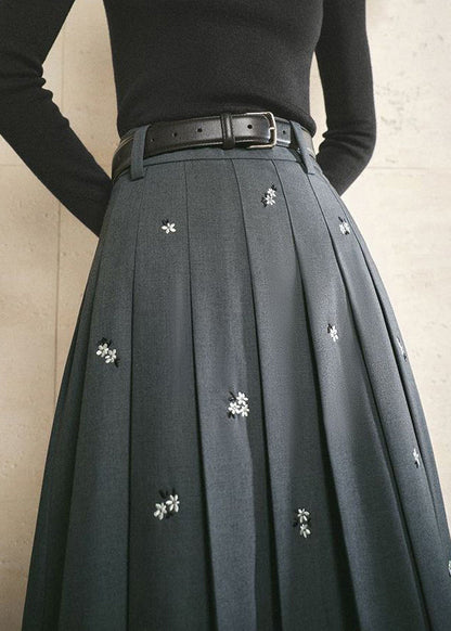 Grey Embroideried Cotton Pleated Skirt Spring