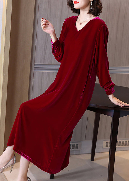 New Wine Red Pockets Silk Velour Dress Long Sleeve