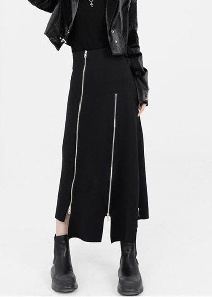 Black Asymmetrical Zippered Cotton Skirts Summer