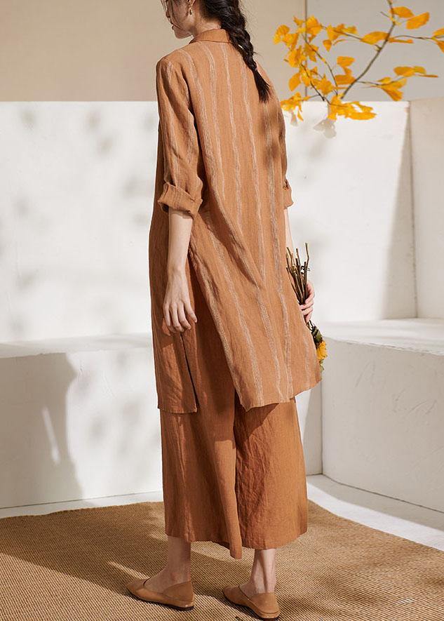 Caramel Side Open Long Shirts Wide Leg Summer Linen Two Pieces Set