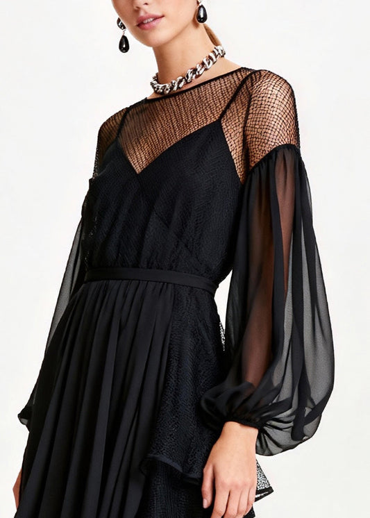 Black Hollow Out Patchwork Tulle Chiffon Party Dresses Summer