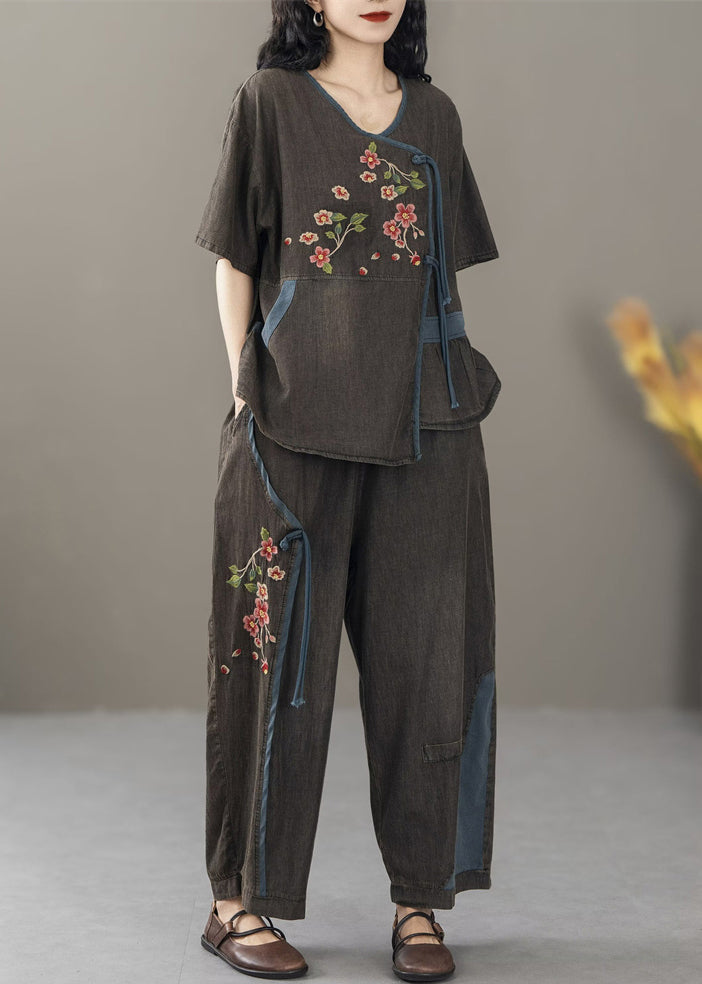 Black Pockets Patchwork Two Pieces Set Print Short Sleeve