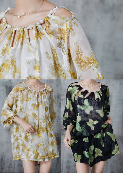 Boutique Yellow Print Hollow Out Chiffon Sets 2 Pieces Summer