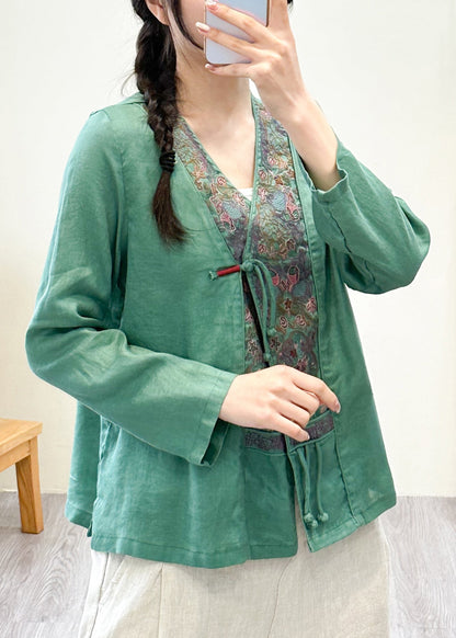 Pink V Neck Embroideried Patchwork Linen Shirts Fall
