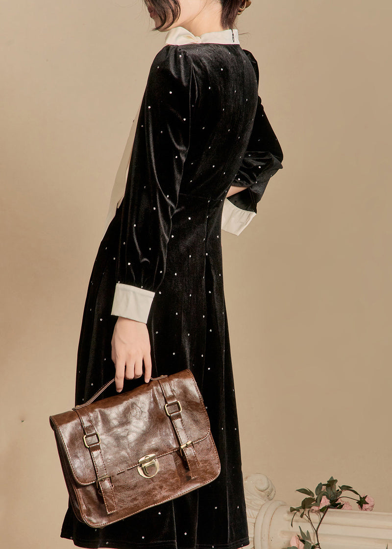 French Black Bow Dot Silk Velour Long Dress Winter